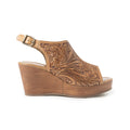 Myra Mila's Trail Embossed Leather Wedge Heels for Women Tan Floral Design, Adjustable Buckle, Comfortable Western Platform