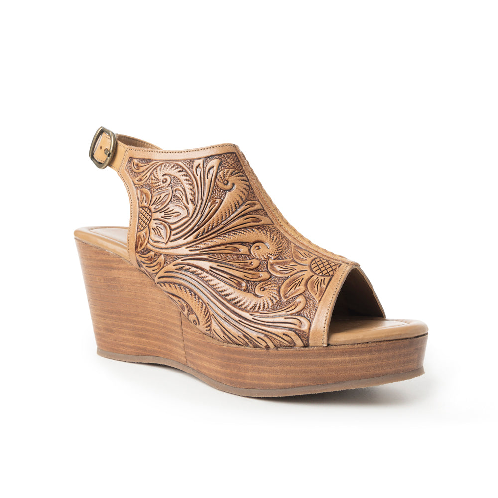 Myra Mila's Trail Embossed Leather Wedge Heels for Women Tan Floral Design, Adjustable Buckle, Comfortable Western Platform