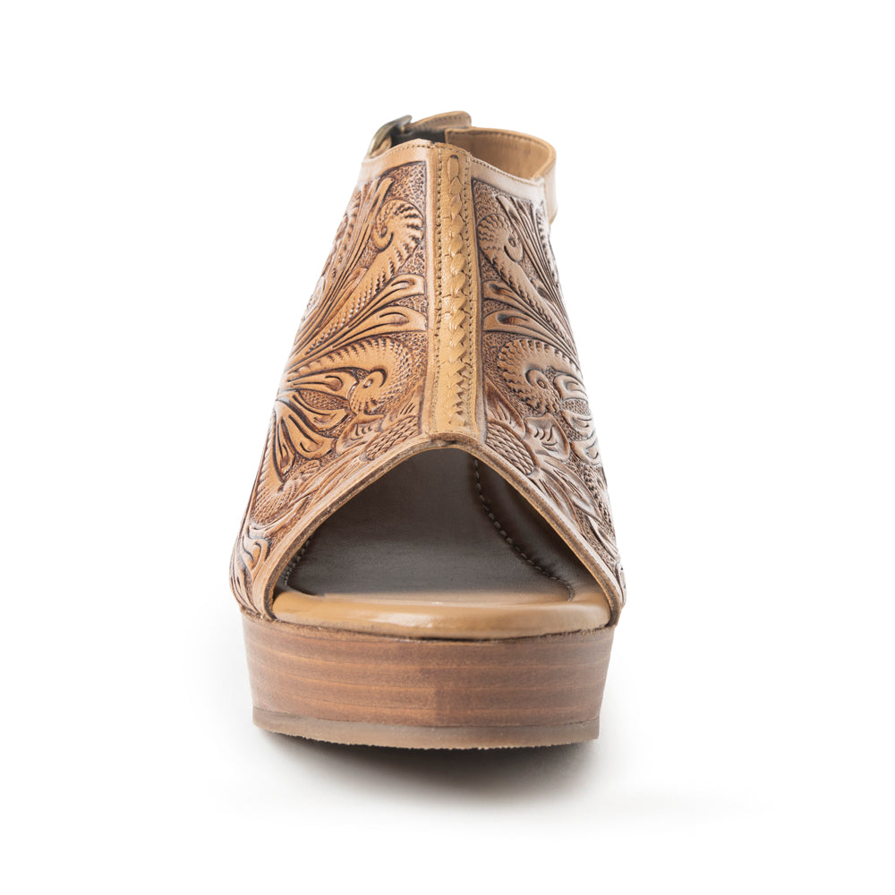 Myra Mila's Trail Embossed Leather Wedge Heels for Women Tan Floral Design, Adjustable Buckle, Comfortable Western Platform