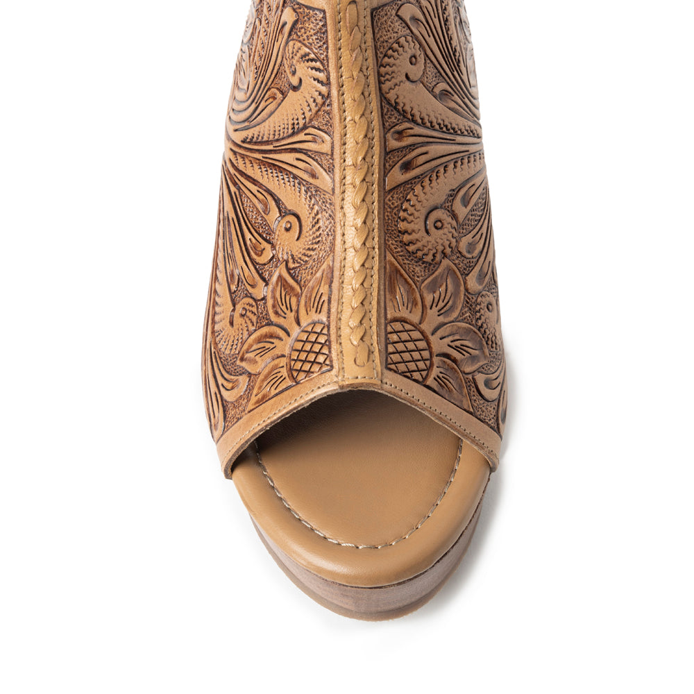 Myra Mila's Trail Embossed Leather Wedge Heels for Women Tan Floral Design, Adjustable Buckle, Comfortable Western Platform