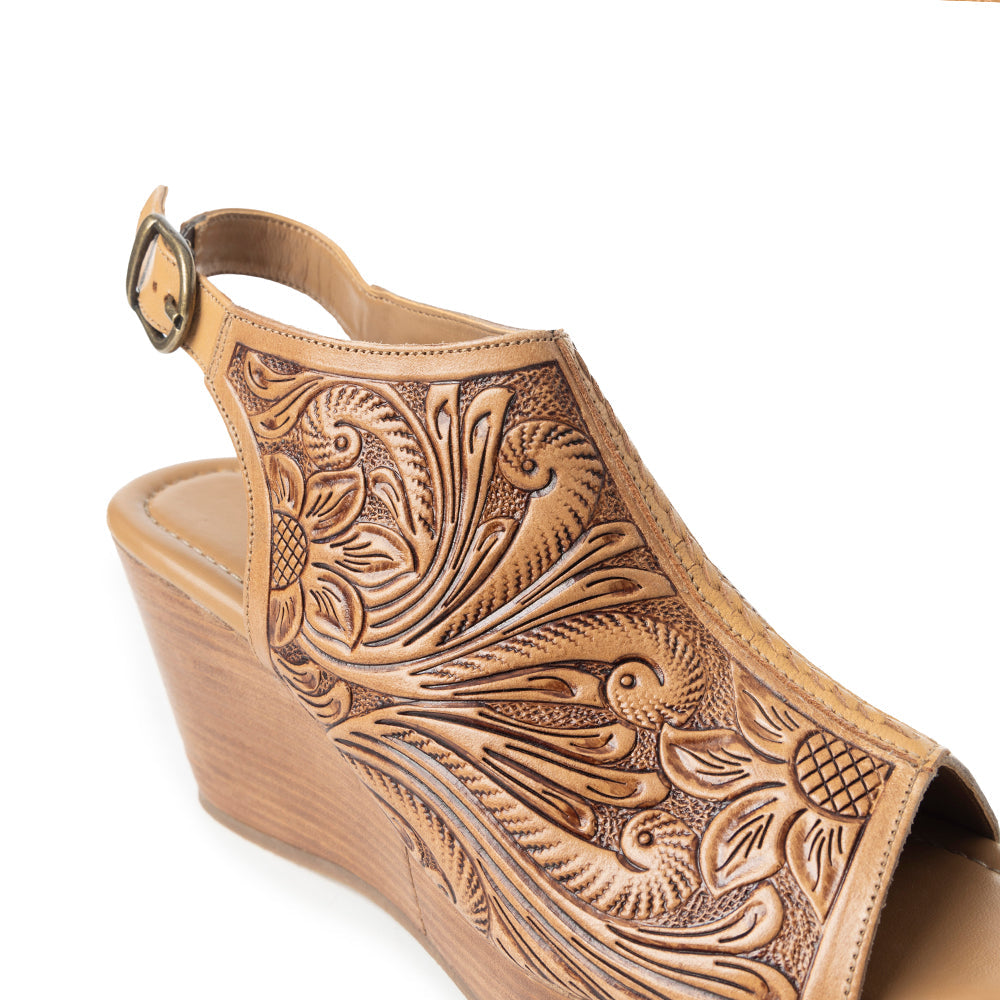 Myra Mila's Trail Embossed Leather Wedge Heels for Women Tan Floral Design, Adjustable Buckle, Comfortable Western Platform