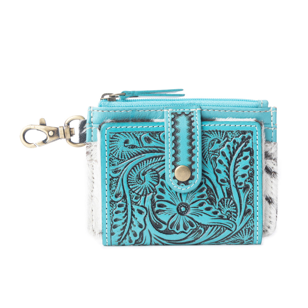 Myra Wildflowers of the Prairie Embossed Leather Wallet with Hairon - Turquoise Snap Mini Wallet with Coin Pouch for Women