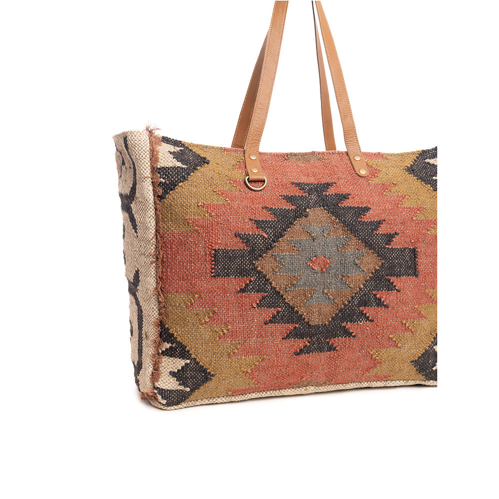 Myra Kaliko Hill Canvas Weekender Bag for Women Handwoven Boho Print with Dual Shoulder Handles