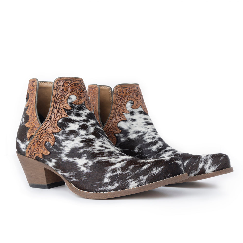 Myra Cassidy Trail Split-Top Leather Boots - Pointed Toe, Low Block Hairon Hide Heels for Ranch Adventures