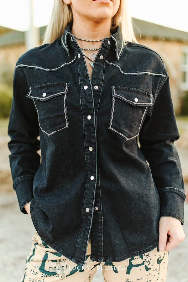 Black Contrast Stitching Pearl Snap Button Down Denim Western Shirt