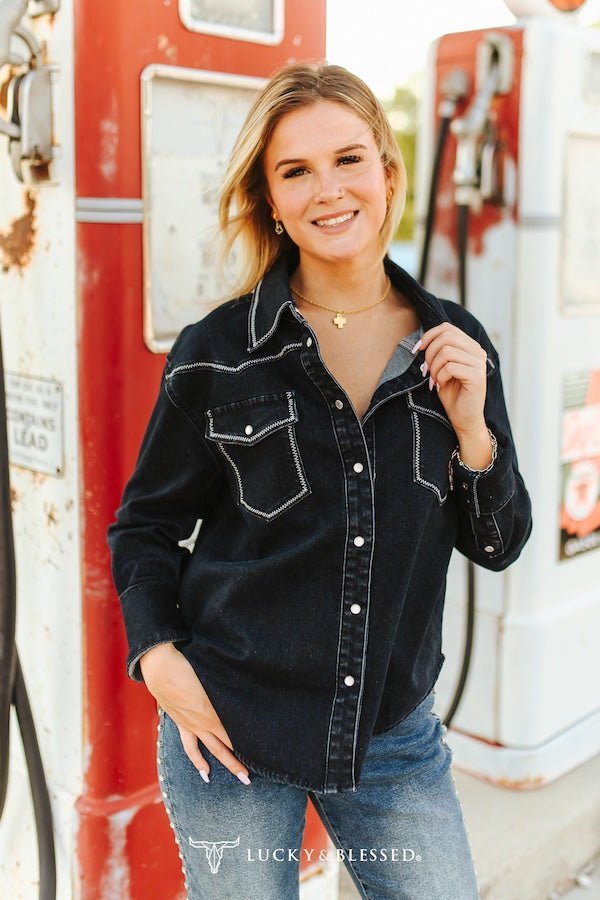 Black Contrast Stitching Pearl Snap Button Down Denim Western Shirt