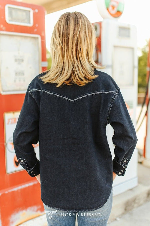 Black Contrast Stitching Pearl Snap Button Down Denim Western Shirt